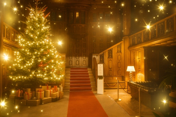 Es ist dunkel in der Treppenhalle - Empfangshalle - von Schloss Waldenburg. Links steht ein 6 m hoher Weihnachtsbaum, geschmückt mit großen goldenen Kugeln und roten Schleifen. Links in der Kaminnische brennt mit warmen Licht eine Stehlampe.